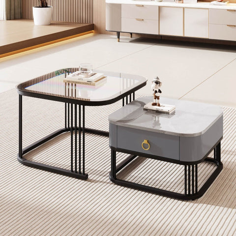 Rootz Modular Coffee Table Set - High-Gloss Marble - Glass Top - Luxurious Design - 60x60x42cm & 50x50x34cm - Practical Drawers