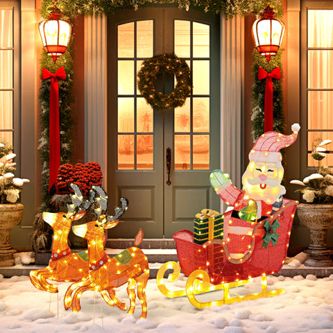 Rootz Shining Christmas Decoration - Santa Claus on Sled - Festive Reindeer Set - 246 LED Lights - Cozy Ambiance - 77L x 28B x 99H cm