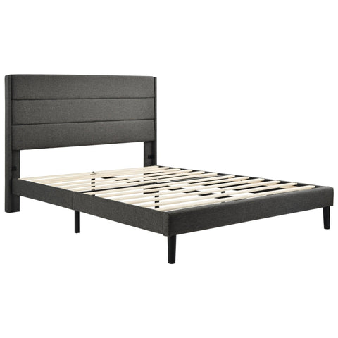 Rootz Double Bed with Padded Headboard - Fabric Cover - Upholstered Bed - Comfort - 146L x 210W x 111H cm - Dark Gray Design