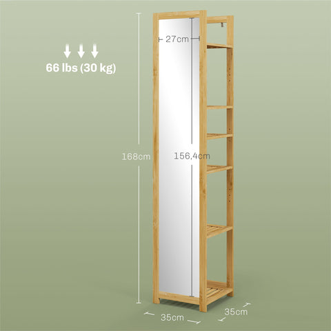 Rootz Tall Bathroom Cabinet - Bathroom Organizer - Bathroom Storage Unit - 6 Shelves & Mirror - Bamboo - 35W x 35D x 168H cm