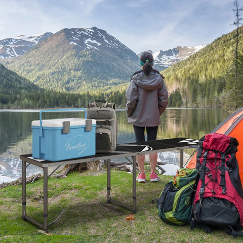 Rootz Camping Table - Folding - Lightweight Height - Adjustable Aluminum Frame - Aluminum - MDF - Black - 240 x 60 x 54/62/70cm