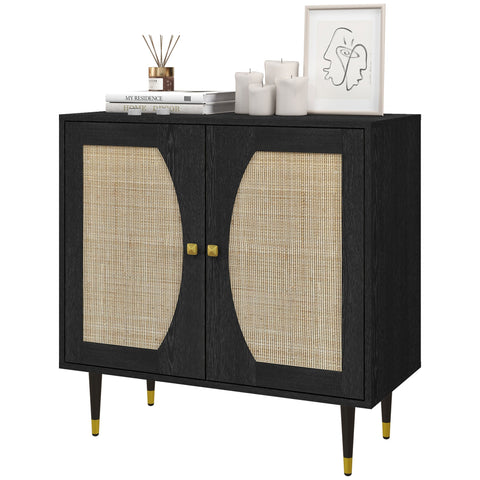 Rootz Boho Buffet Kitchen Storage - Rattan Cabinet - Double Doors Buffet - Ample Space - 80cm x 38cm x 79cm, Black & Brown