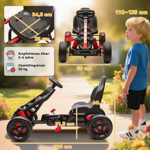 Rootz Red Gokart with Pedals - Tread Car - Children's Ride-On - Anti-Slip Wheels - Metal Frame - 59cm x 90cm x 60.5cm