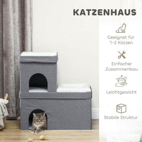 Rootz Cat House - Cat Cave Bed - Cozy Cat Condo - Soft Cushion - Dual Apartments - 74cm x 37.5cm x 78.5cm