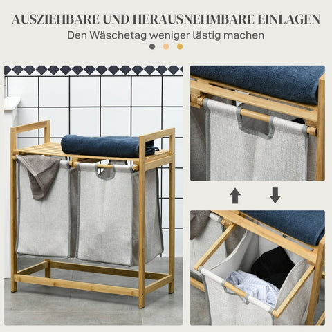 Rootz Laundry Collector with Two Spacious Baskets - Laundry Sorter - Bamboo Frame - Top Shelves - 64cm x 33cm x 73cm
