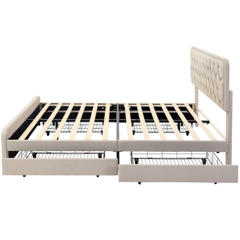 Rootz Upholstered Bed - Height-Adjustable Headboard - Storage Bed - 4 Drawers - Linen - 211.5cm x 160cm x 96.5-108.5cm - Beige