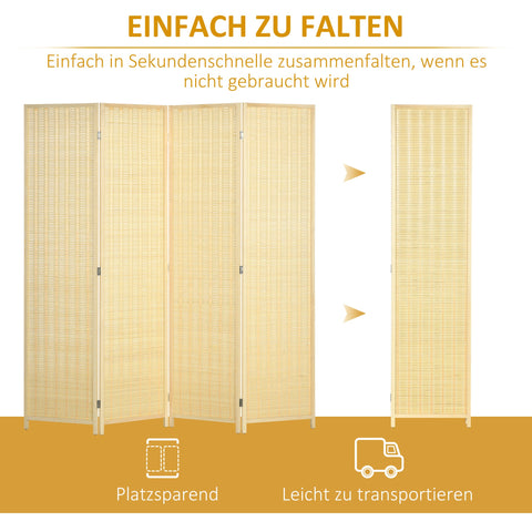 Rootz 4-Piece Room Divider - Privacy Screen - Foldable Partition - Natural Bamboo - 180cm x 180cm - Easy Storage for Living Room, Bedroom