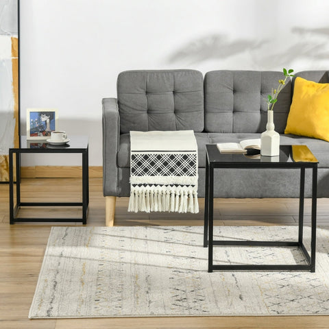 Rootz Set of 2 Side Tables - Coffee Tables - Living Room Tables - Modern Design - Space-Saving Stackable Feature - Durable Steel and Tempered Glass - 50cm x 50cm x 52cm & 42cm x 42cm x 42cm - Black