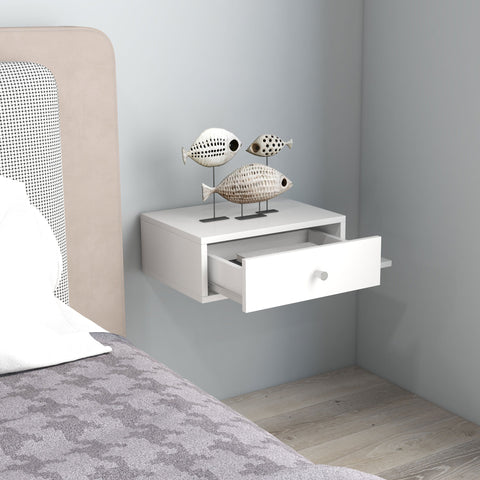 Rootz Set of 2 Wall Bedside Tables - Side Shelf - Storage Drawer - Space-Saving Design - 55W x 30D x 15H cm White MDF