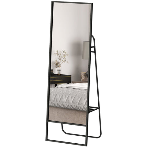 Rootz Full Body Mirror - Standing Mirror - Dressing Mirror - Industrial Design, Metal Frame, Black, 157 x 50 cm, Rear Shelf, 2 Hooks, Safe & Chic