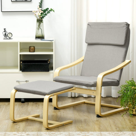 Rootz Armchair Set - Reclining Chair with Footstool - Linen Look - Wooden Frame - Lightweight & Compact - Breathable Cover - Light Grey - 66.5cm x 80cm x 99cm