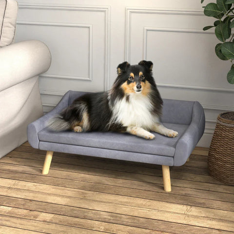 Rootz Pet Sofa - Dog Sofa - Scandi Design - Removable Cushion - Velvet Look - Gray + Natural - 102cm x 58.5cm x 42.5cm