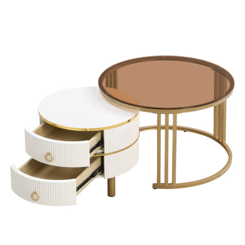 Rootz 2-in-1 Coffee Table Set - Modern Living Room Table - Round Glass Tables - Storage Drawers - 70x70x45cm & 50x50x40cm