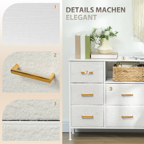 Rootz Chest of Drawers 8 Drawer Storage Cabinet - Dresser - Sideboard - Built-in Power Strip - White - 110x30x76cm - Soft Boucle Fabric, Stylish, Spacious