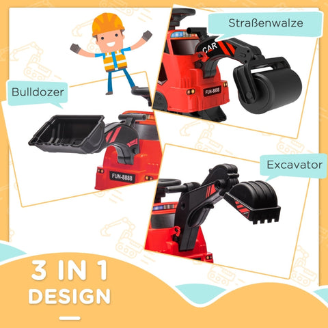 Rootz Children's Ride-On Excavator - 3-in-1 Construction Toy - Musical Steering Wheel - Anti-Tip Design - Foot Gliding - Red+Black - 100L x 43W x 48.5H cm