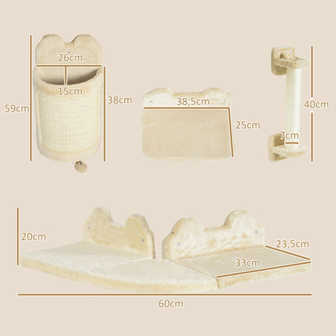 Rootz 4 Piece Cat Climbing Wall Set - Scratching Post - Platform - Wall-Mounted Design - Space-Saving - 60cm x 60cm x 20cm