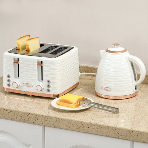 Rootz 2-in-1 Toaster and Kettle Set - Breakfast Appliance - Kitchen Essentials - 7 Browning Levels -White - Kettle: 24.1L x 19.5B x 23.2H cm - Toaster: 29.2L x 27.9H cm