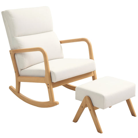 Rootz Rocking Chair with Stool - Softly Padded - Linen-Look - Ultimate Comfort - 65W x 96D x 94.5H cm - Cream White