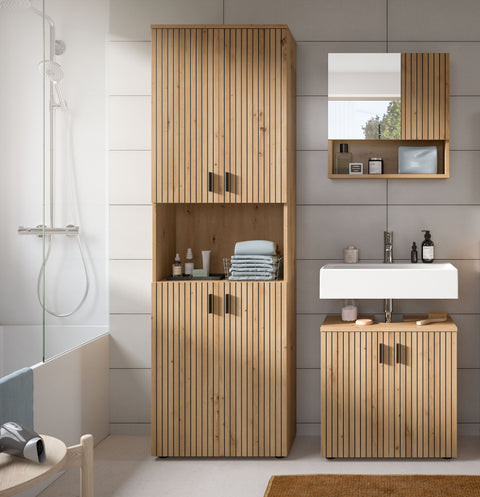 Rootz Bathroom 3-Piece Set - Cabinet, Vanity Unit, Mirror Cabinet - High-Quality, Easy-Care - 135x192x30 cm - Brown  Imitation