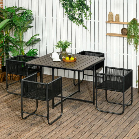 Rootz Outdoor Dining Set - Garden Set - 5 Piece Polyrattan Seat Cushion - Weatherproof - Black + Grey - 110cm x 110cm x 75cm