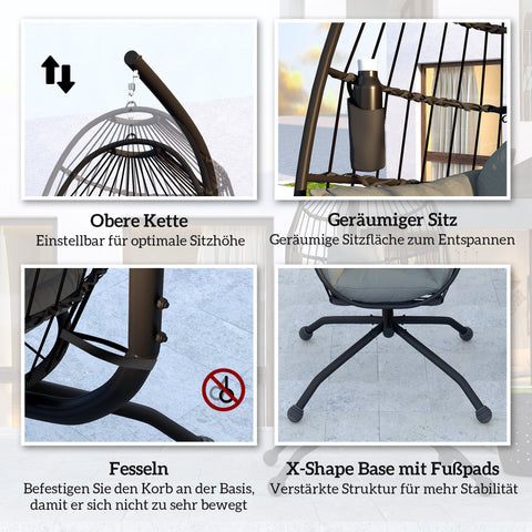 Rootz Hanging Outdoor Swing Chair - Foldable Basket Seat - Egg Chair - Comfort with Cup Holder - 120cm x 88cm x 192cm