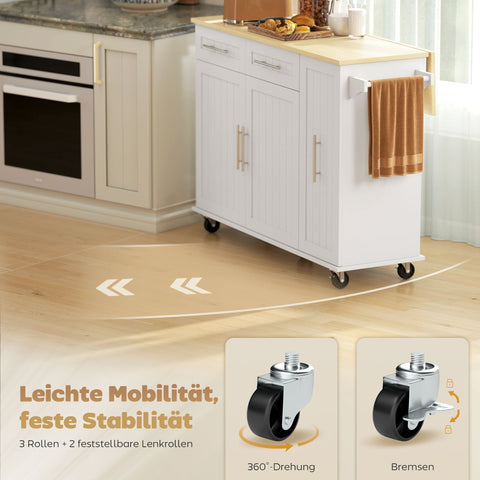 Rootz Mobile Kitchen Island - Expandable Surface - Kitchen Trolley - Rolling Cart - Organized Storage - White/Brown- 129x65x91 cm