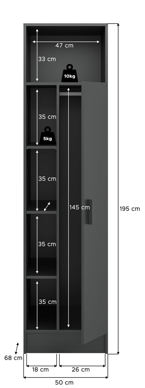 Rootz Universal Cabinet - Wardrobe - Storage Solution - Easy Installation - 50x195x62 cm Grey Chipboard