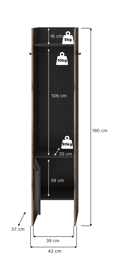 Rootz Wardrobe - Closet - Storage Unit - Black - 90kg Seat Capacity - 42x189x37cm
