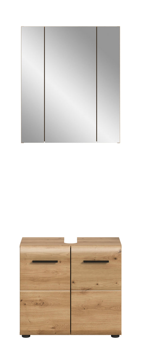 Rootz 2 Piece Set Bathroom Combo - Vanity & Mirror Cabinet - Brown Finish - Space Saver - 60x185x30 cm