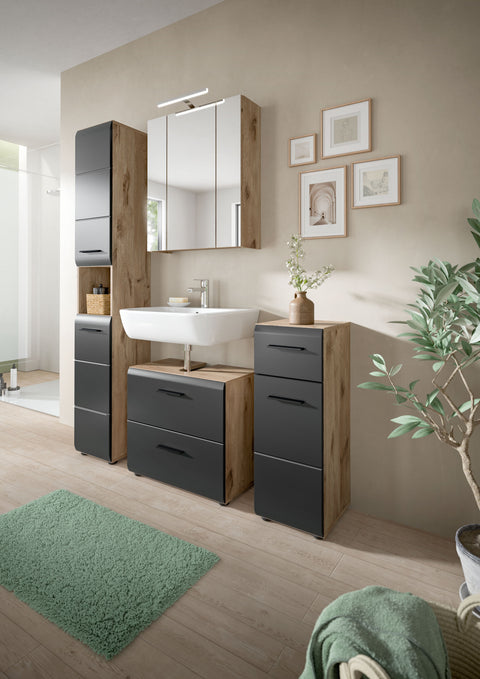 Rootz Mirror Cabinet - Vanity Cabinet - Bathroom Storage - Ample Storage - 60x70x18 cm - Grey and Brown  Imitation