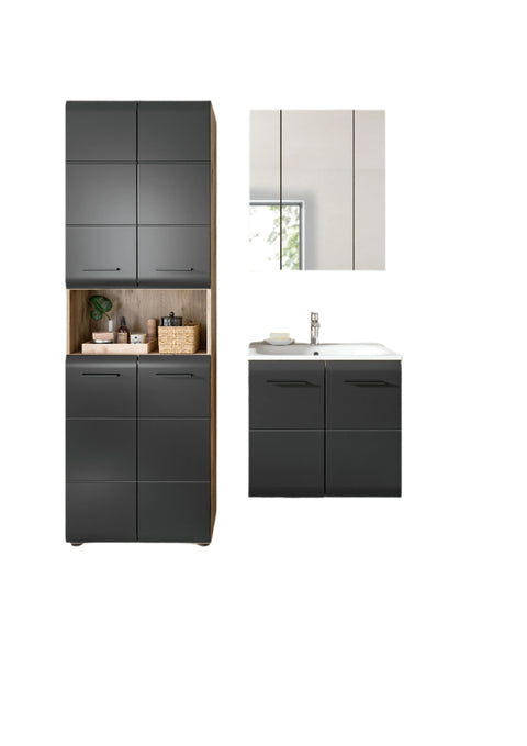 Rootz 4-Piece Bathroom Combo - Vanity Unit - Mirror Cabinet - Ample Storage - Black & Brown - 135x185x46 cm