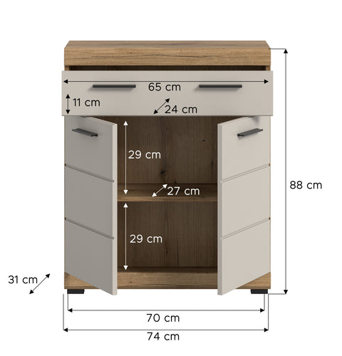 Rootz Freestanding Cabinet - Storage Unit - Organizer - Ample Storage - 74x88x31cm - Evoak Oak & Cashmere Imitation MDF Front