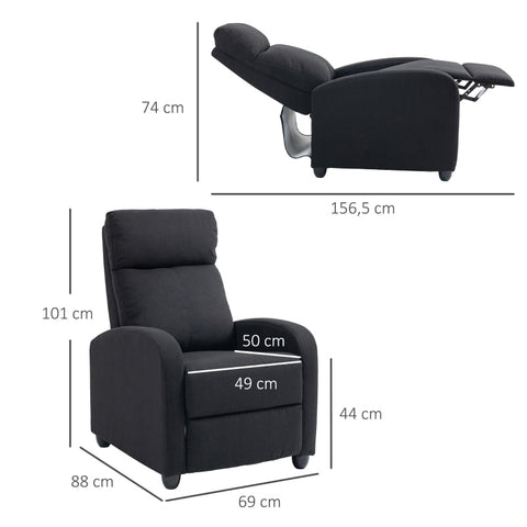 Rootz Reclining Chair - TV Chair - Cinema Chair - Cable Handle for Full Lying Position - Luxurious Padded Armrests - Linen-Polyester Fabric - Robust Steel Construction - Black - 69W x 156.5D x 74H cm
