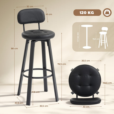 Rootz Set of 2 Bar Stools - Counter Chairs - High Chairs - Padded Faux Leather, 360° Swivel, Metal Frame, Black, 38x43.5x99 cm