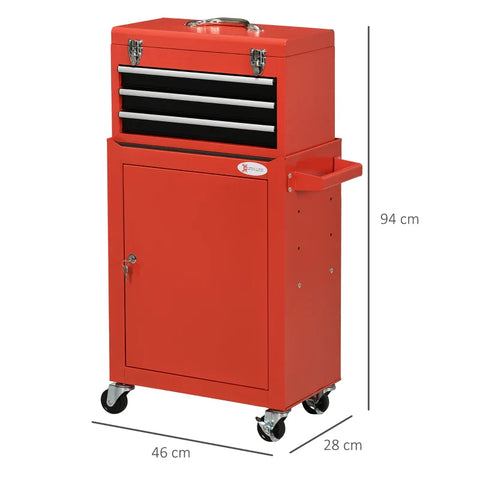 Rootz 2-in-1 Tool Trolley - Mobile Trolley - Tool Cabinet - 3 Drawers - Tool Board - Steel Housing - Red - 46L x 28W x 94H cm