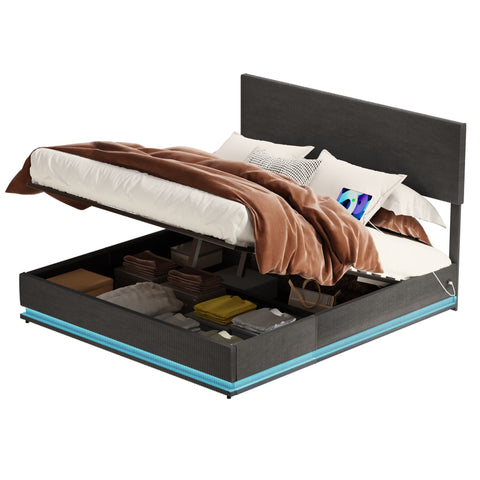 Rootz Double Bed Frame - Storage Bed - Velvet Bed - LED Lighting - USB Charging - 211cm x 153cm x 113cm