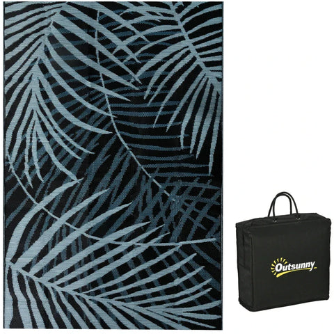 Rootz Outdoor Reversible Carpet - Waterproof - Leaf Pattern - Non-woven Fabric - Blue + Black + Cream - 182cm x 274cm x 0.3cm