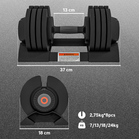 Rootz Adjustable Single Dumbbell - Free Weights - Strength Trainer - Non-Slip Handle - 7/13/18/24kg Black - Space-Saving - 37x18x18cm