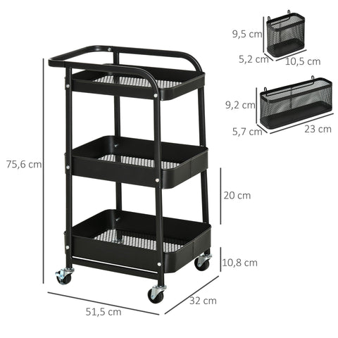 Rootz 3 Tier Metal Serving Trolley - Kitchen Cart - Utility Trolley - 2 Cutlery Racks - 51.5L x 32W x 75.6H cm - Black