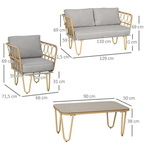 Rootz Garden Furniture Set - Outdoor Sofa - Patio Armchairs - Tempered Glass Table - UV Resistant - Sofa: 129x71.5x69cm, Armchair: 66x71.5x69cm