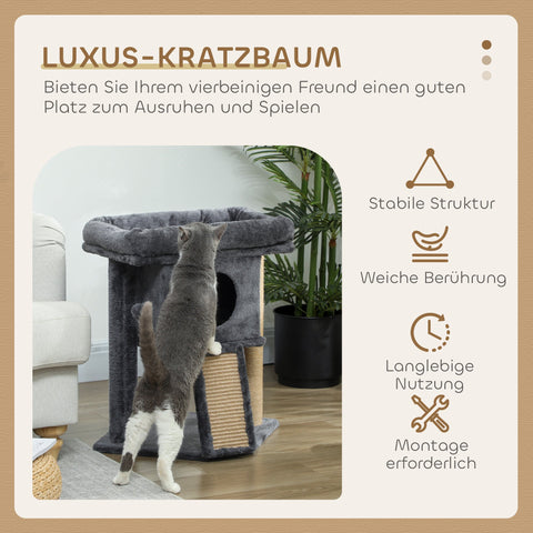 Rootz Scratch Tree - Cat Tower - Kitty Condo - Jute & Plush - Multi-Level Fun - 40 x 40 x 57 cm - Grey, Brown