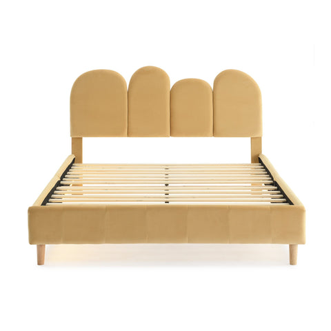 Rootz Upholstered Bed Frame - Velvet Platform Bed - LED Bed - Cozy Lighting - Fits 140x200 cm Mattress - 207x149x103 cm - Khaki