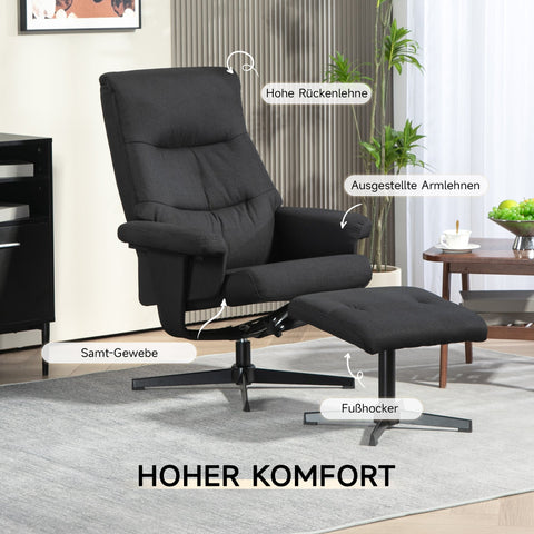 Rootz Reclining Chair with Stool Set - Swivel Seat - Rocker Function - Velvet Look, 135° Adjust - 74W x 81D x 102H cm, Black
