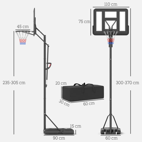 Rootz Basketball Stand - Hoop System - Adjustable Heights - Spring-Loaded Basket - 2.35-3.05m Basket Height - 110x75cm Back Panel - Mobile Design