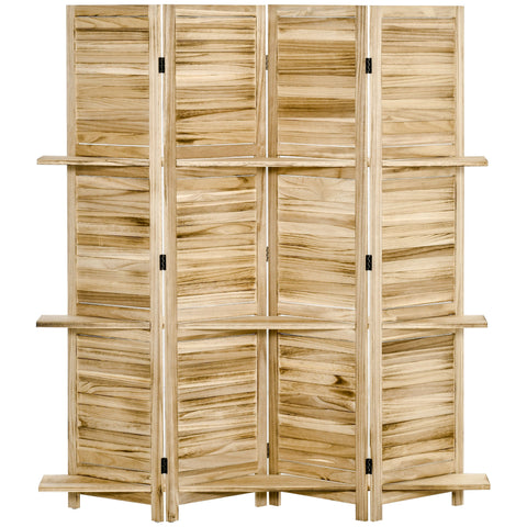 Rootz Room Divider 4 Panel Screen - Folding Room Partition - Privacy Screen - Paulownia Wood - 162x170cm with 3 Shelves