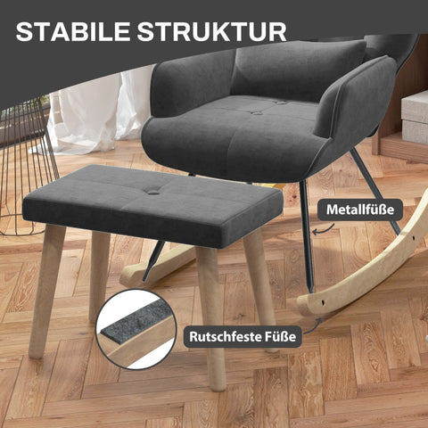 Rootz Lounge Chair and Stool Set - Modern Armchair - Upholstered Recliner - Velvet Padding - Rubber Wood Legs - Dark Gray - 66cm x 96cm x 101cm