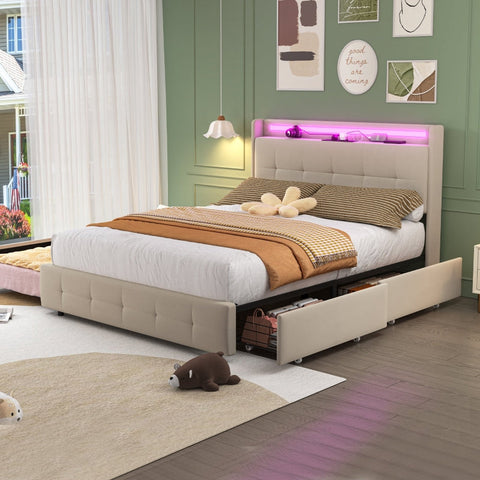 Rootz Double Bed - Guest Bed - Sleep Solution - USB Charging & LED Comfort - 222cm x 168.5cm x 113cm - Beige
