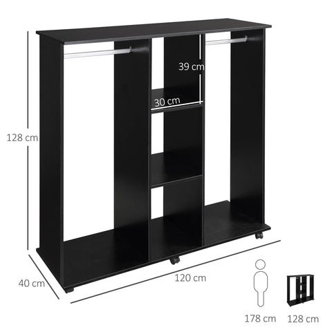 Rootz Mobile Wardrobe Storage Cabinet - Rolling Closet - Wood Storage Unit - 6 Wheels - Easy Movement - 120L x 40W x 128H cm