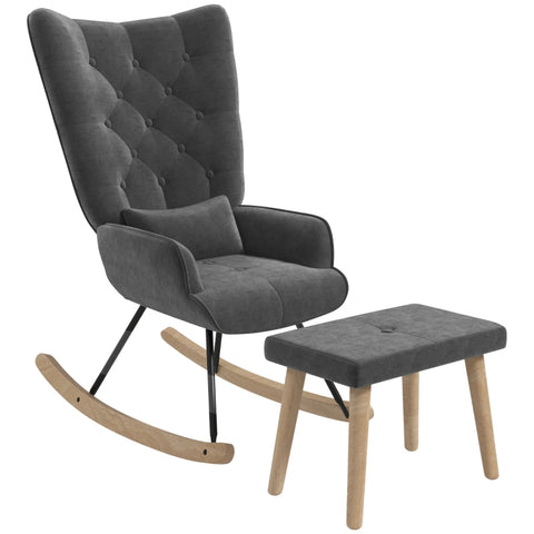 Rootz Lounge Chair and Stool Set - Modern Armchair - Upholstered Recliner - Velvet Padding - Rubber Wood Legs - Dark Gray - 66cm x 96cm x 101cm