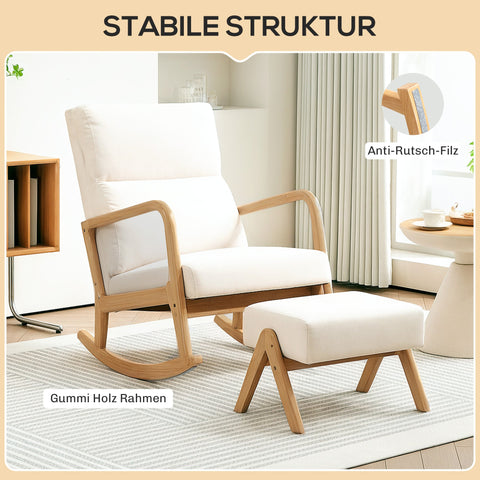 Rootz Rocking Chair with Stool - Softly Padded - Linen-Look - Ultimate Comfort - 65W x 96D x 94.5H cm - Cream White